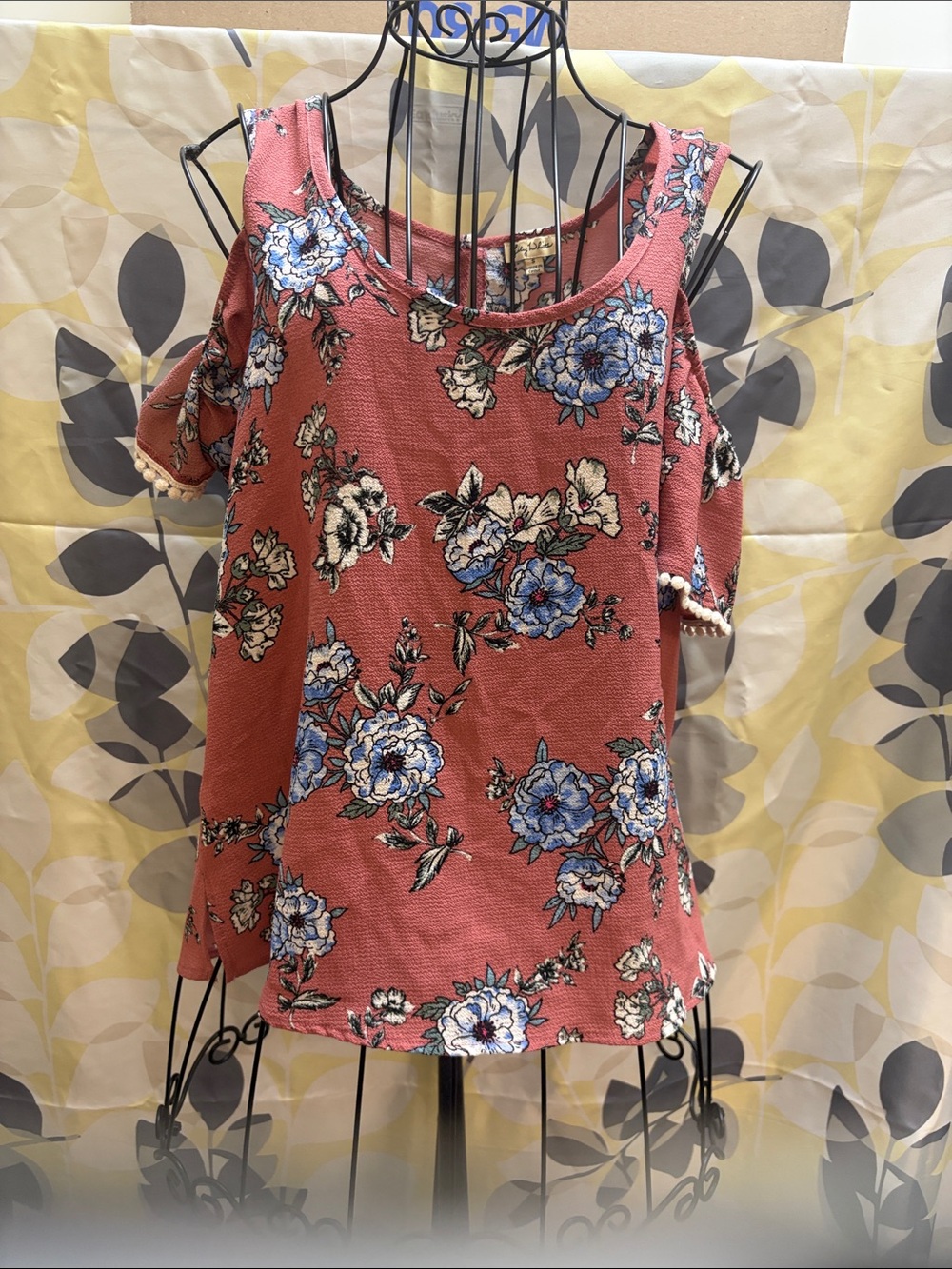 Lily White Rust Cold-Shoulder Floral Blouse with Blue Flowers